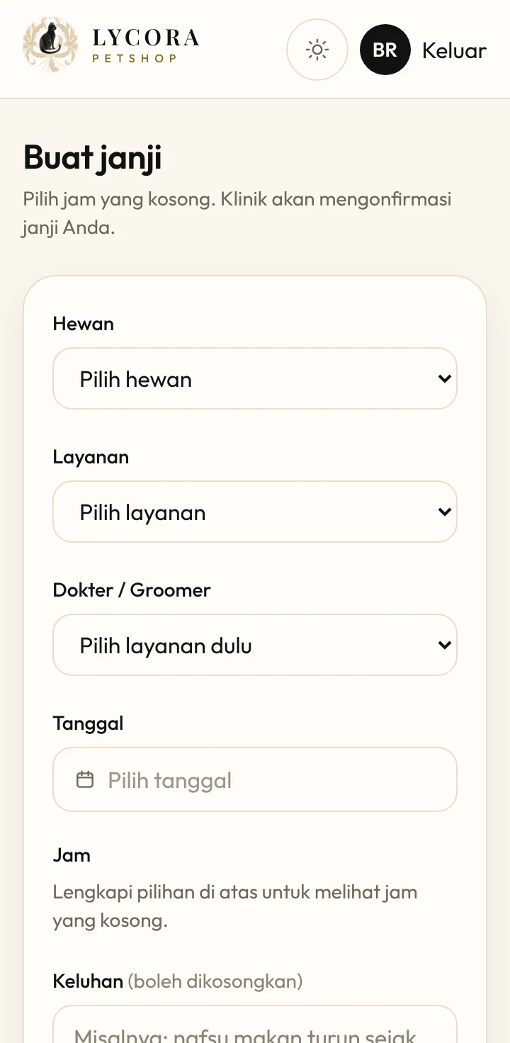 Booking screen of the LYCORA VetCare app
