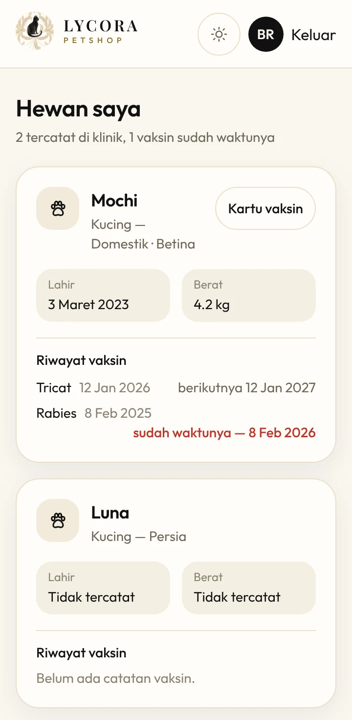 My pets screen of the LYCORA VetCare app
